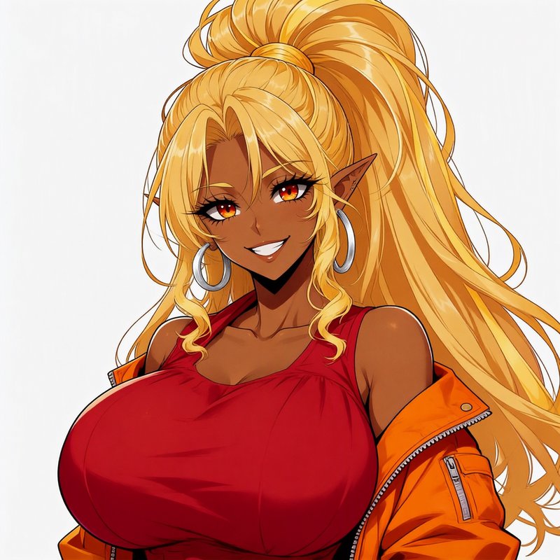 Smiling dark-skinned anime elf woman with a long blonde ponytail, red top, and slung orange jacket
