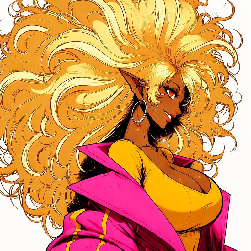 Retro anime portrait of a dark-skinned elf woman with voluminous curly golden hair and bold colorful outfit