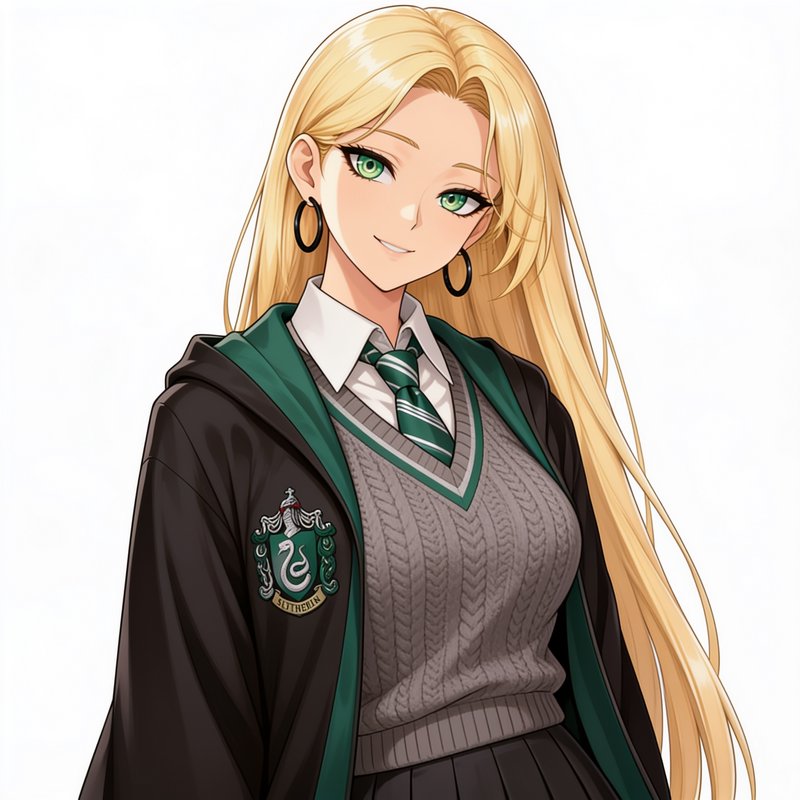 Anime portrait of a blonde Slytherin Hogwarts student smiling against a plain white background