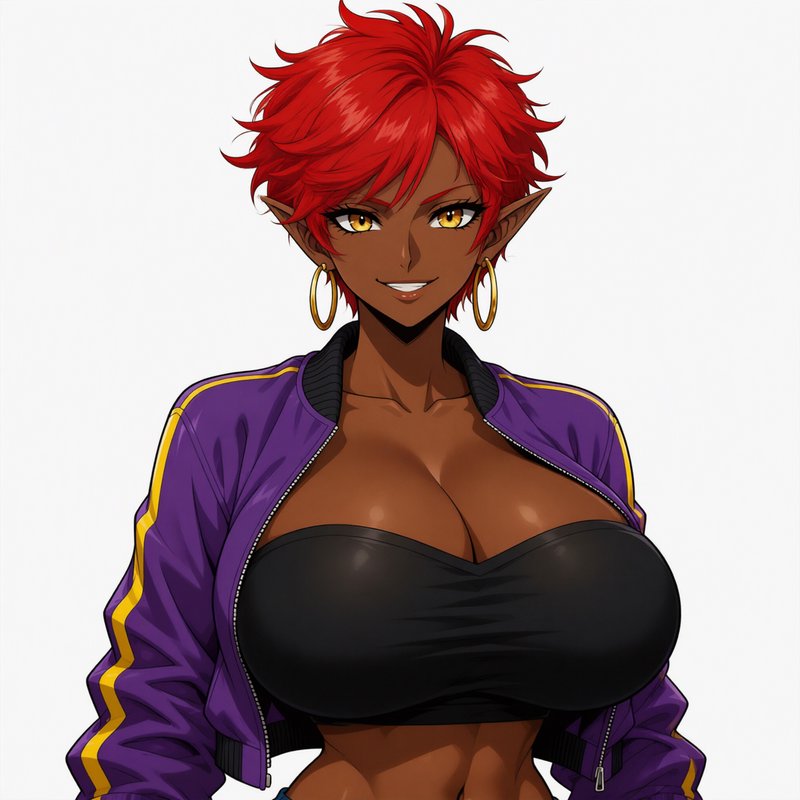 Confident dark-skinned elf anime woman with spiky red hair and gold hoop earrings smirks at the v...