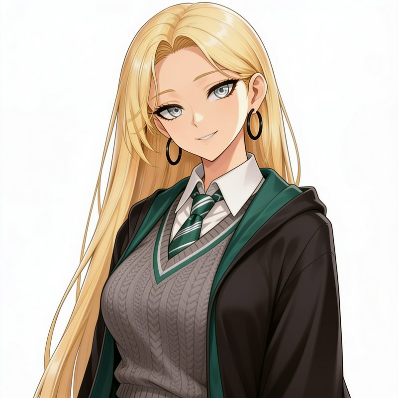 Smiling long-haired blonde anime girl in Slytherin wizard school uniform against a plain white ba...
