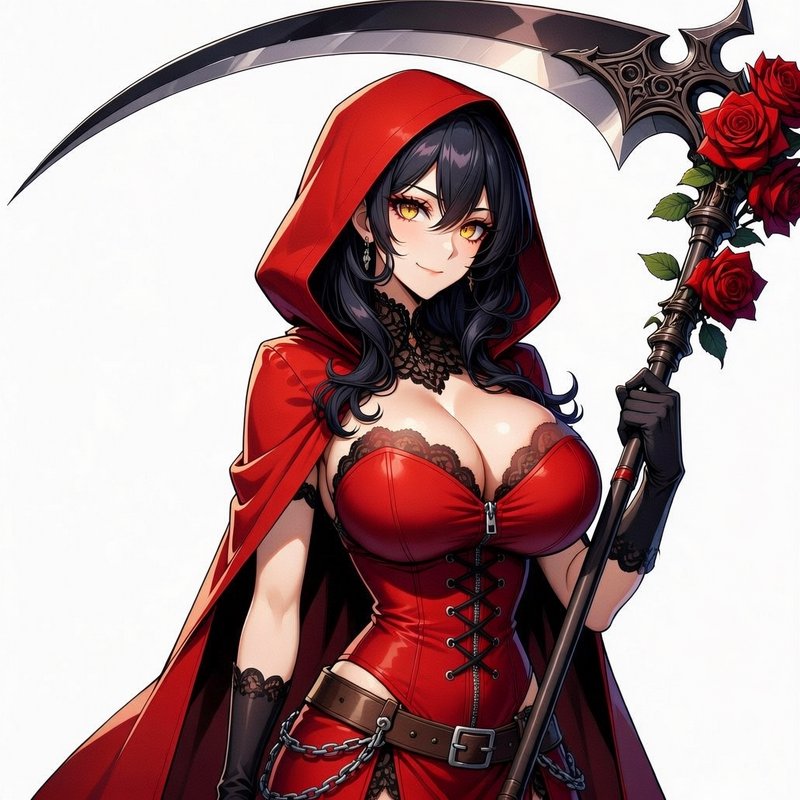 Anime female reaper in a red hooded cape holds an ornate rose-adorned scythe