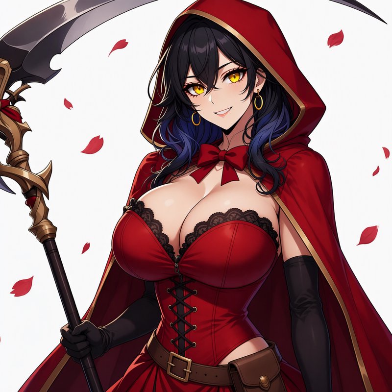 Anime reaper woman in a red hooded cloak holds an ornate scythe while rose petals drift around her.