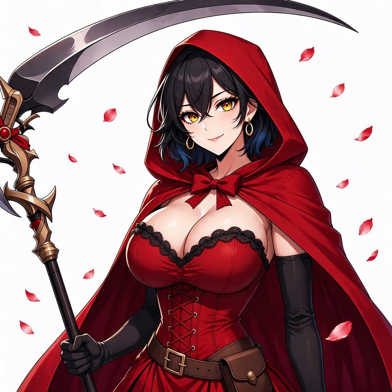 Anime reaper girl in a red hooded cloak holds an ornate scythe as rose petals fall around her