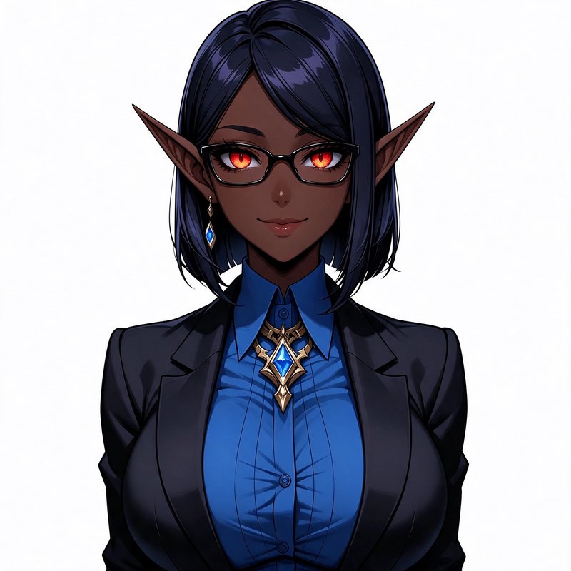 Dark skinned fantasy elf woman in business attire with glasses and glowing bright red eyes