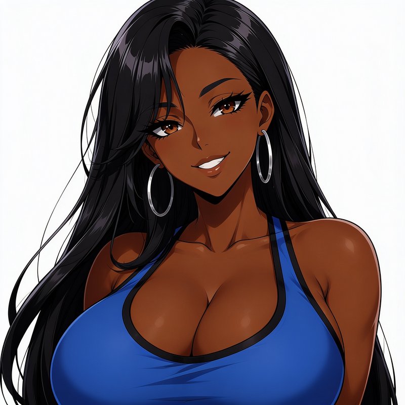 Anime portrait of a confident dark-skinned woman with long black hair, silver hoops and blue tank top