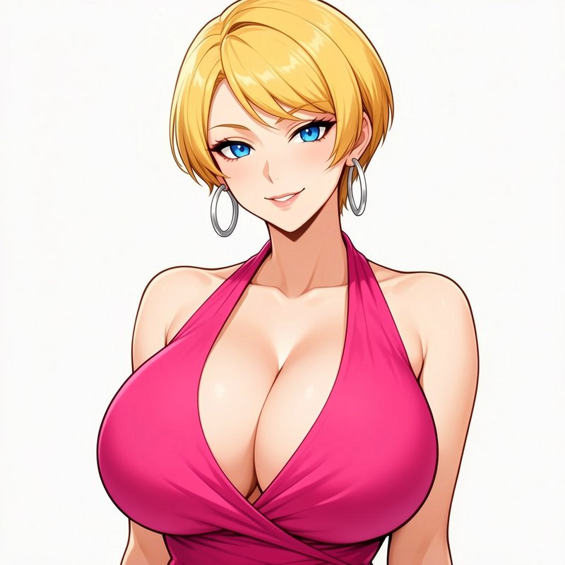 Anime woman with short blonde hair, bright blue eyes, and pink halter dress smiling gently