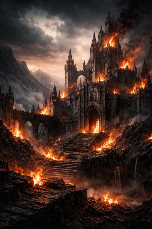 Gothic fortress ablaze on jagged mountains with fiery bridges and smoke-filled skies.