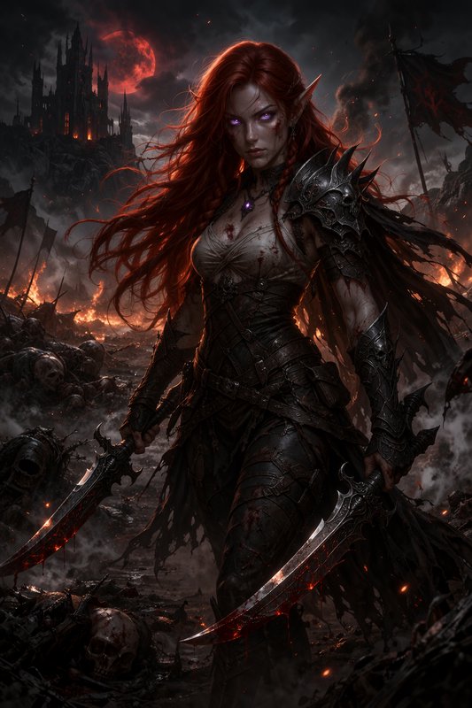 Dark fantasy elf warrior with red hair in black armor wielding curved blades amid a fiery battlef...
