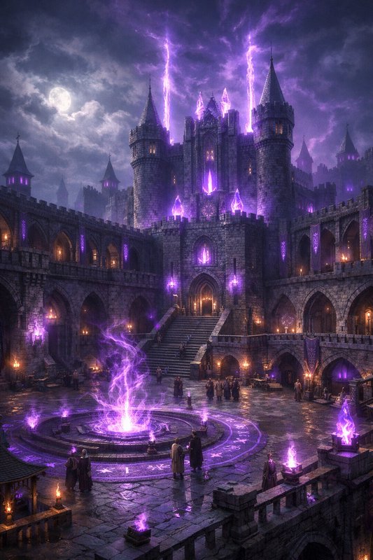 Gothic castle courtyard at night with purple magical energy and lightning.