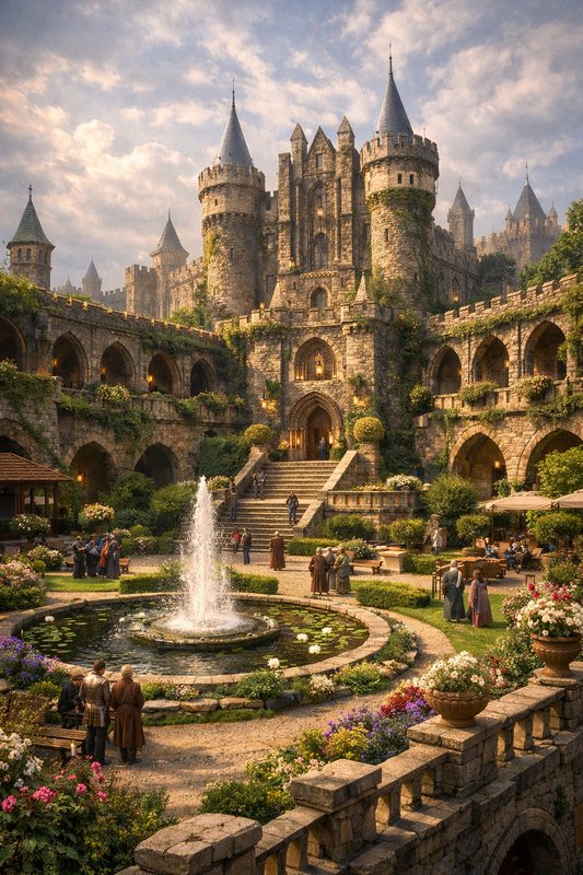 Stone medieval castle courtyard with a central fountain, arches, towers, and lush garden.