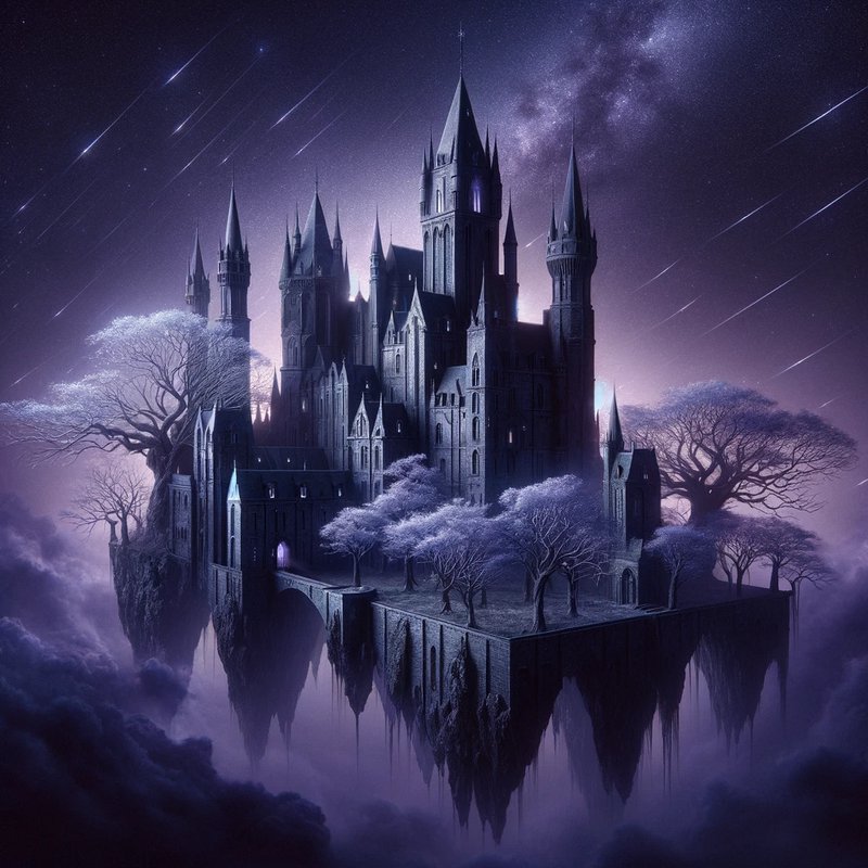 Floating gothic castle on a jagged island above purple misty clouds at night.