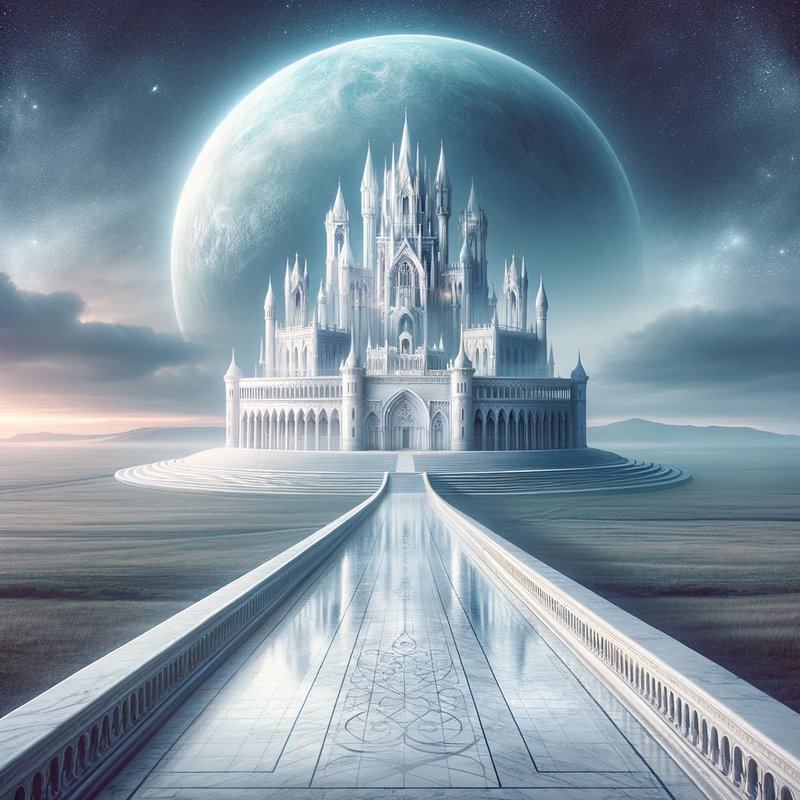 Fantastical white Gothic castle on a circular pedestal with a marble bridge leading to it under a...