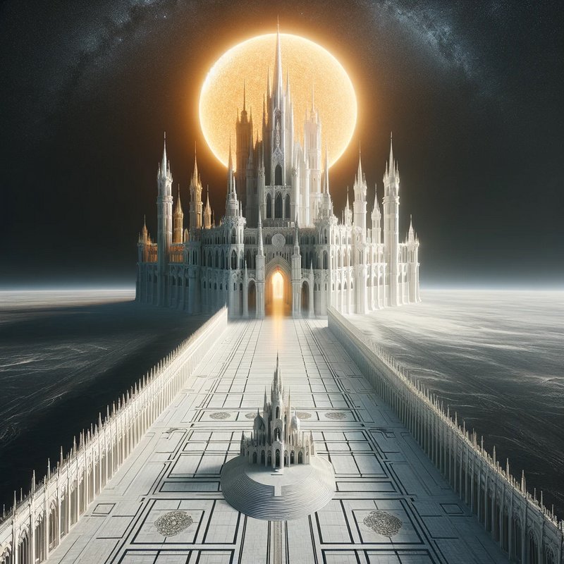 Gothic cathedral on a long tiled causeway, floating in space with a bright sun behind.