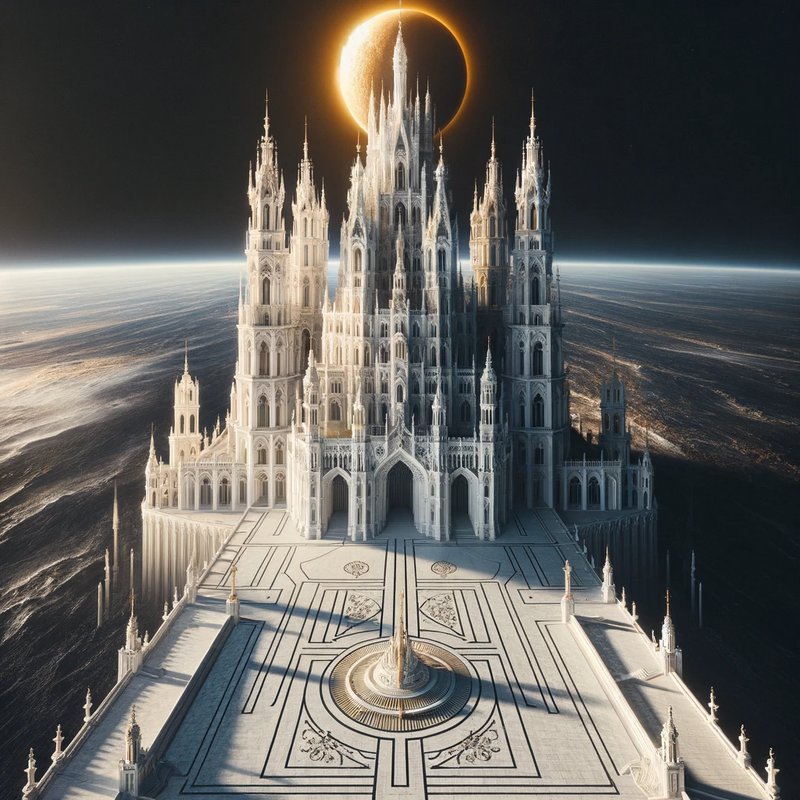 Gothic cathedral-like fortress floating above Earth with a crescent solar eclipse behind