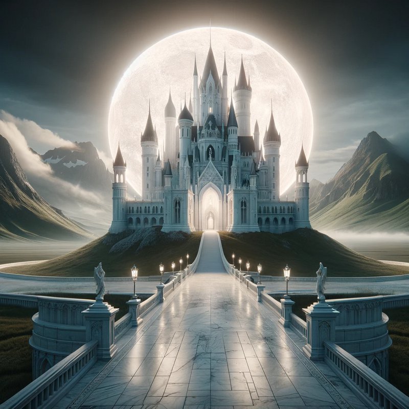 Fairy-tale castle on a hill with a glowing full moon behind and a marble bridge leading to it.