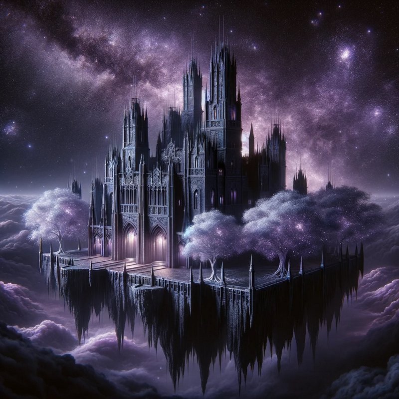 Floating gothic castle on a jagged cliff above purple clouds and a starry cosmic sky.