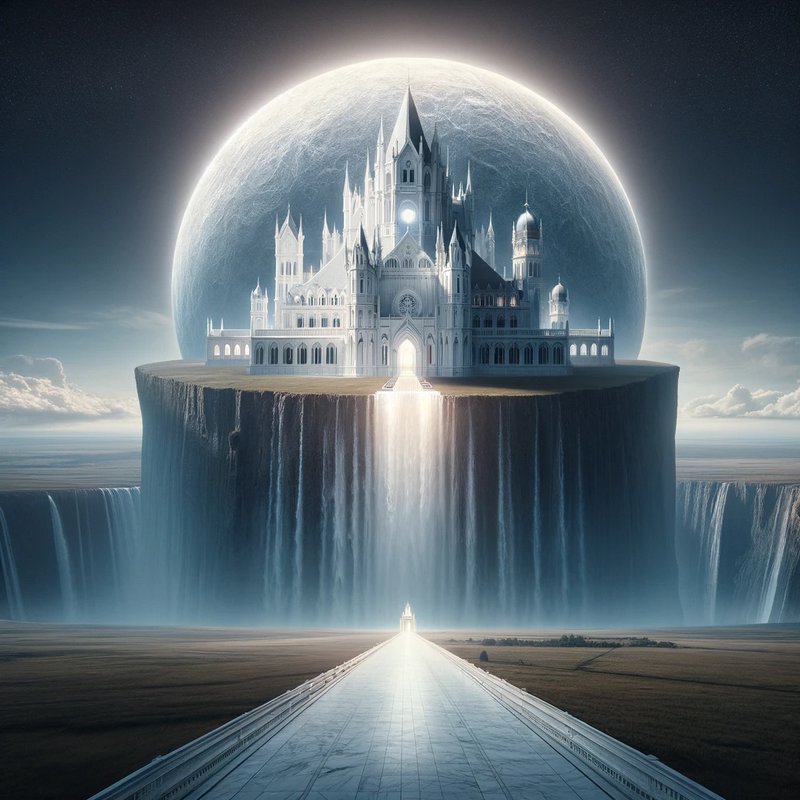 Majestic white castle on a cliff with a glowing moon halo behind, connected by a bright walkway.