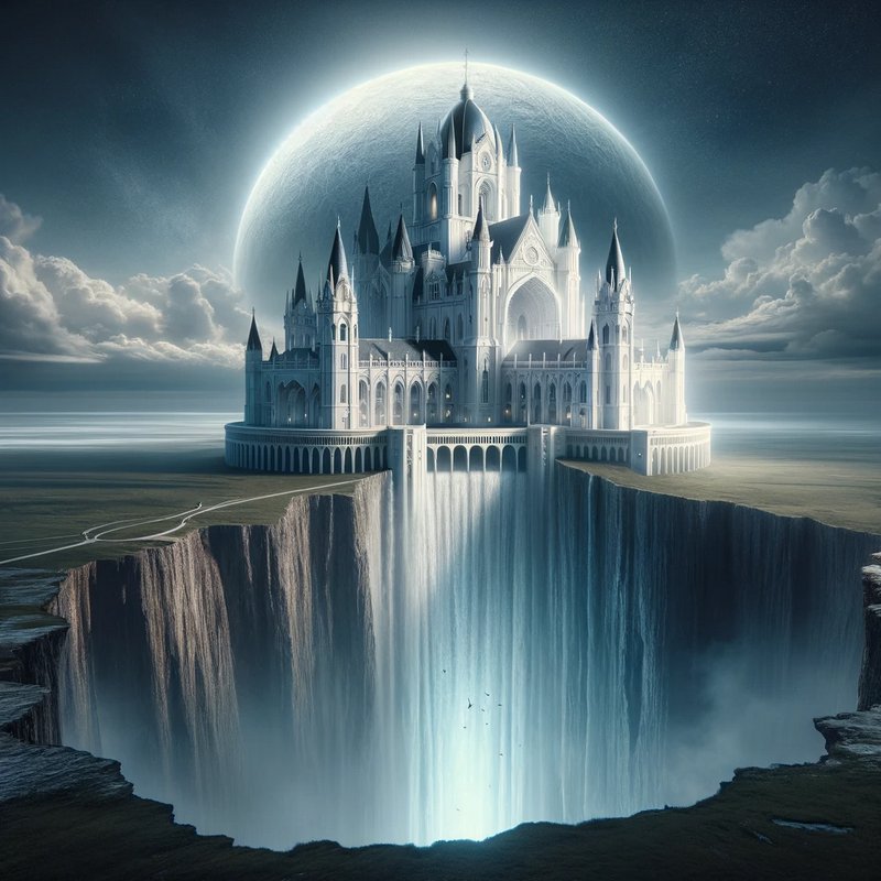 Fantasy white castle perched above a giant chasm waterfall under a glowing moon.
