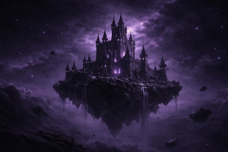 Floating purple-lit castle perched on a rocky island in space.