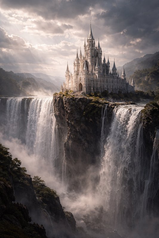 Fantasy castle perched on a cliff above cascading waterfalls shrouded in mist.