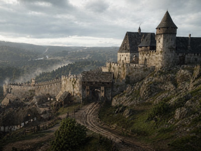 Ancient stone castle and fortress perched on a rocky hill overlooking a misty valley.