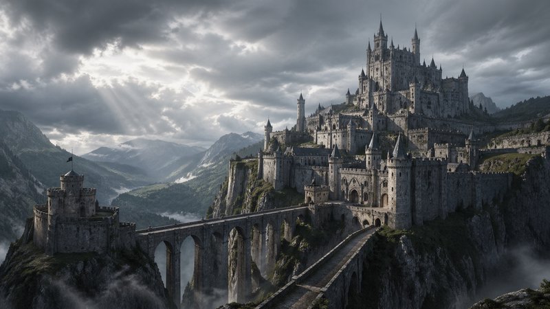 Epic medieval castle perched on a cliff with a stone bridge spanning a gorge and misty mountains.