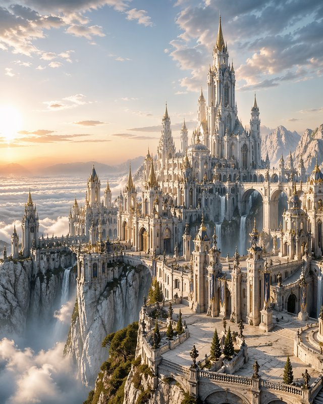Fantasy white castle perched on dramatic cliffs above clouds at sunset