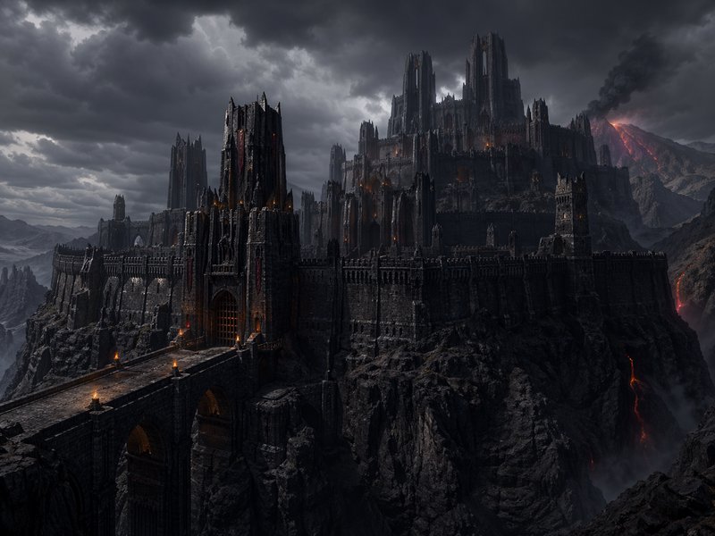 Dark volcanic fortress perched on jagged cliffs with torches and lava in the background