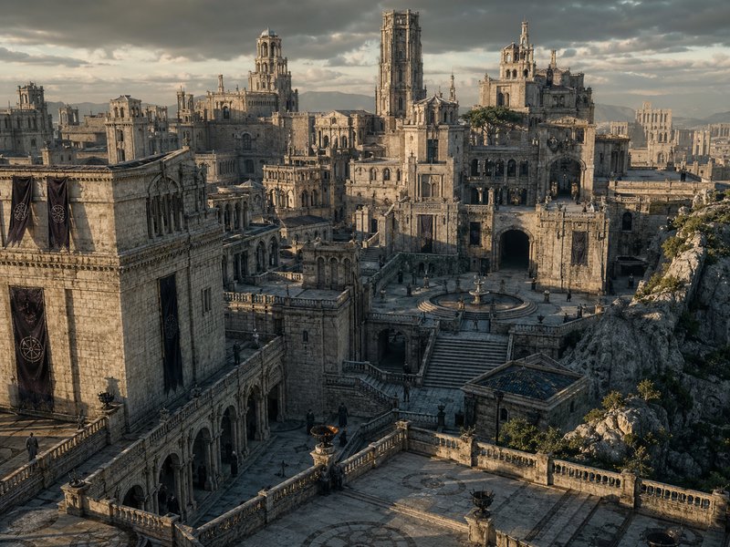 Wide view of an ancient stone fortress city with towers and staircases built into rocky cliffs.