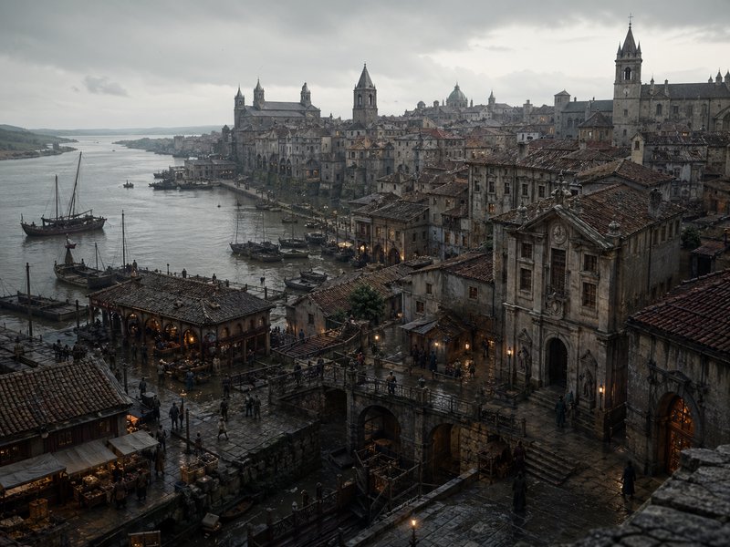 A historic medieval harbor town with stone buildings, towers, and boats along a river at dusk.
