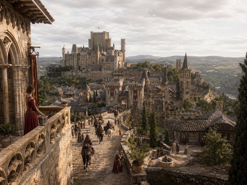 Medieval castle town with stone balcony, woman in red overlooking a bustling cobblestone street a...