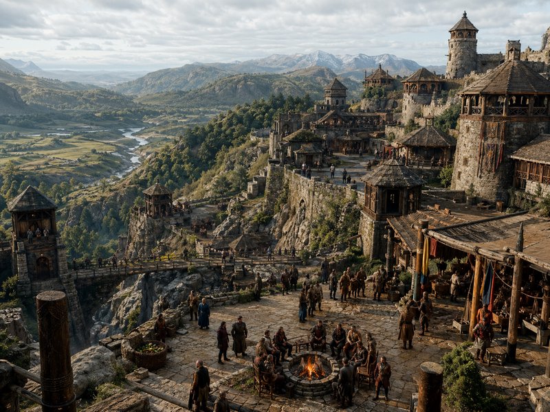 Medieval fortress perched on a mountain with wooden towers and a busy stone plaza around a centra...
