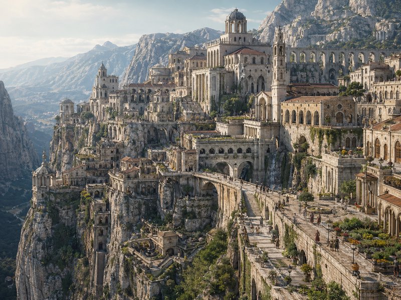 Cliffside monastery complex with cascading stone arches perched on a rugged mountain slope.