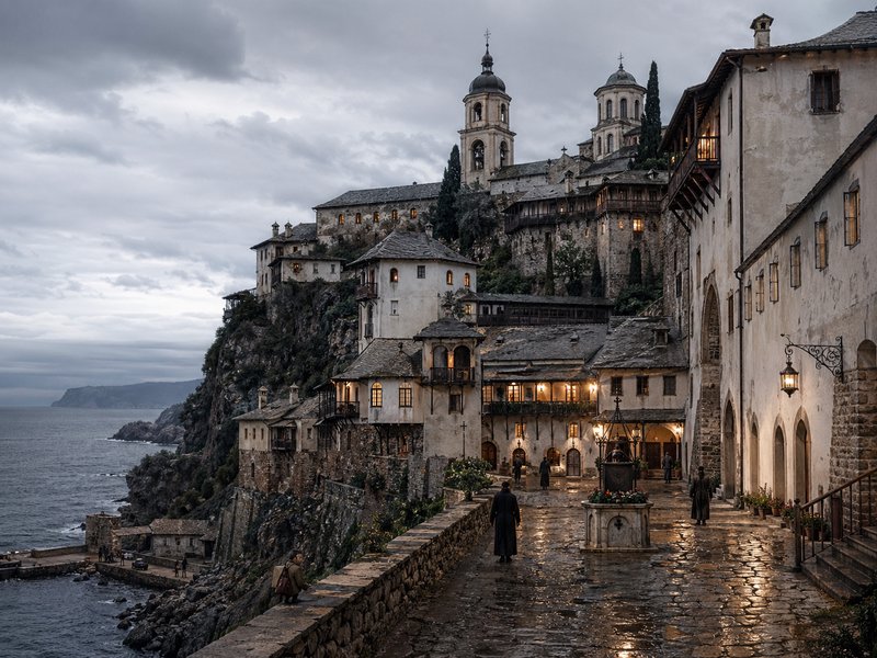 Cliffside medieval village with stone houses and lit street lamps along a wet cobblestone path by...