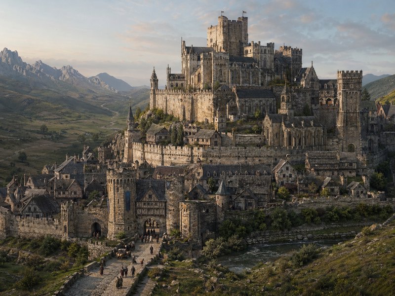 Medieval hilltop castle and stone village with crenellated walls overlooking a river valley.