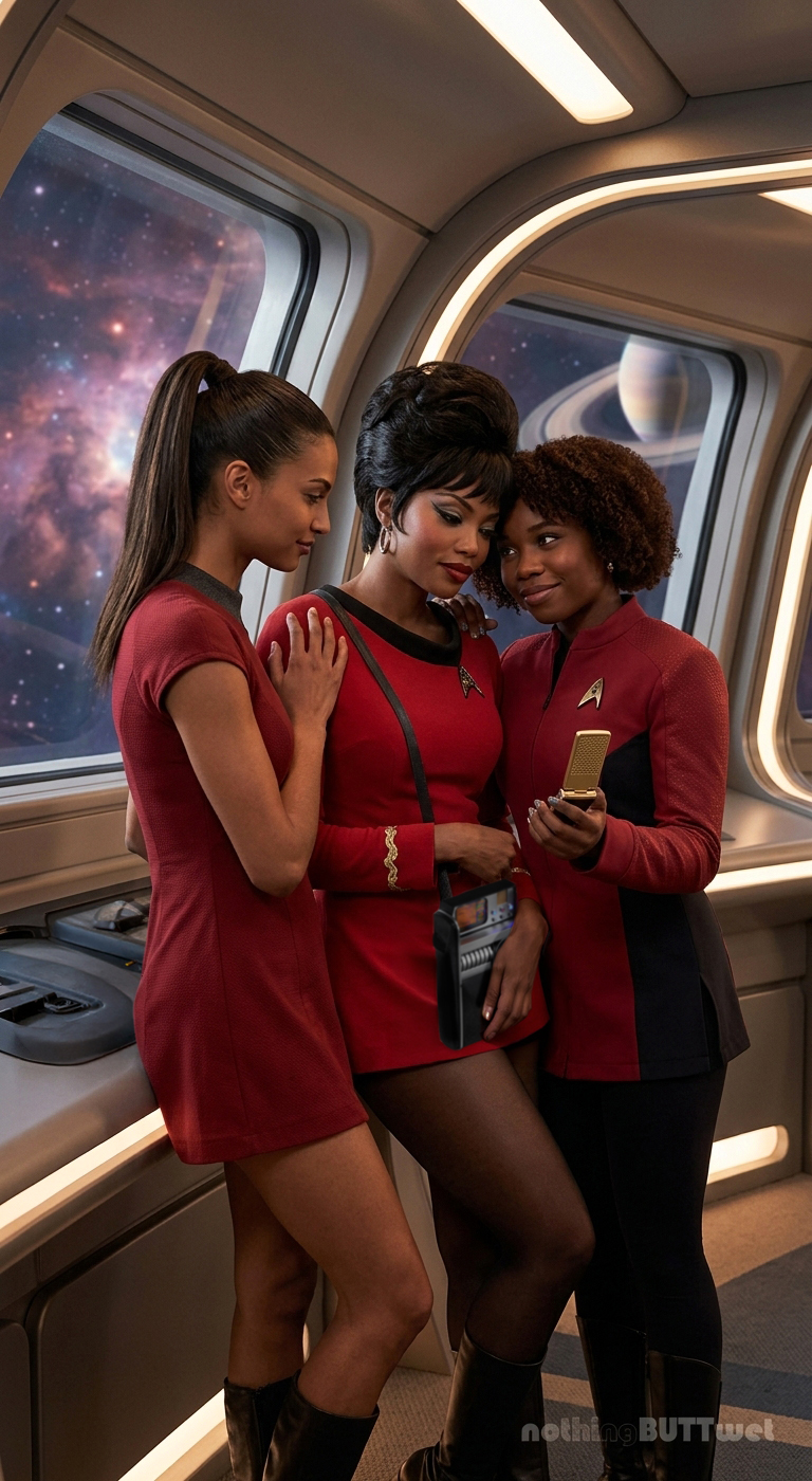 Three female Starfleet officers in red uniforms gather inside a starship corridor, with outer space visible through curved...