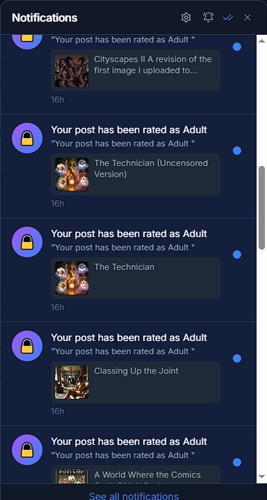 Dark mode app notifications page with repeated automated alerts flagging user art posts as adult ...