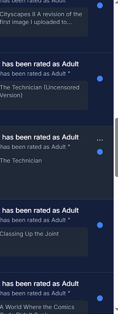 Vertical dark mode screenshot of an art platform showing repeated "rated as Adult" content modera...