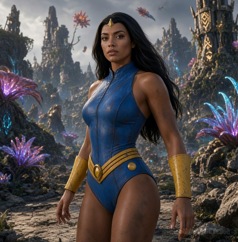 Powerful female superhero in blue and gold suit stands in a glowing alien fantasy landscape with ...