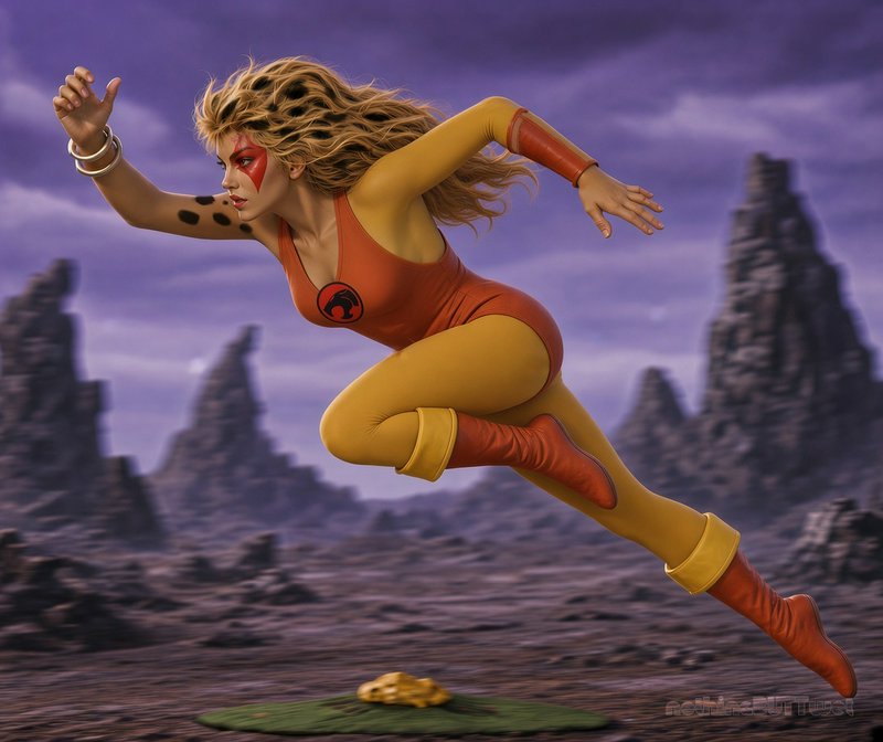 3D render of ThunderCats character Cheetara captured mid-sprint across a rocky alien wasteland un...