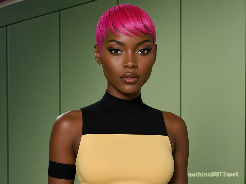 Portrait of a stylish Black woman with bright pink pixie haircut, wearing a color-block top again...