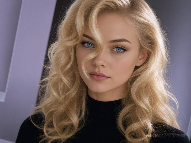 Close-up studio portrait of a young woman with wavy golden blonde hair, bright blue eyes, and a b...