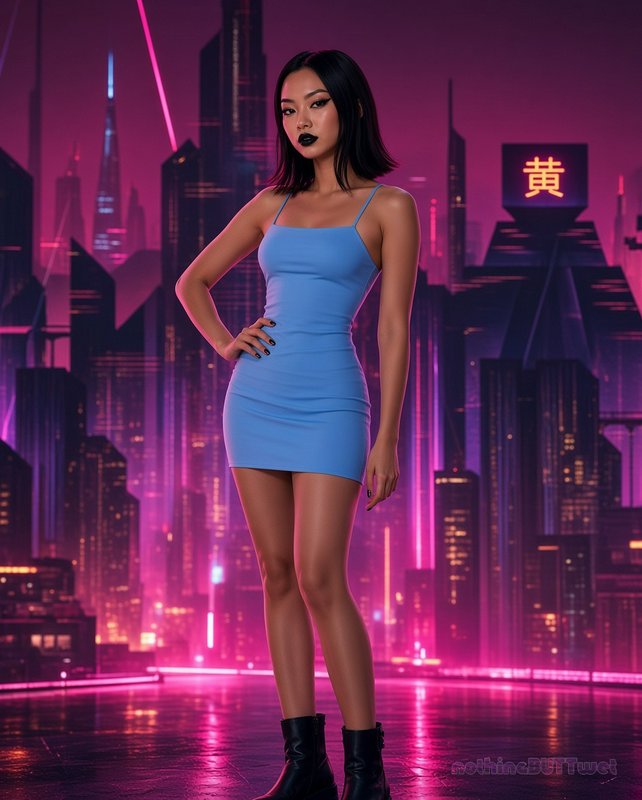 Confident East Asian woman in a light blue mini dress stands against a glowing neon cyberpunk cit...