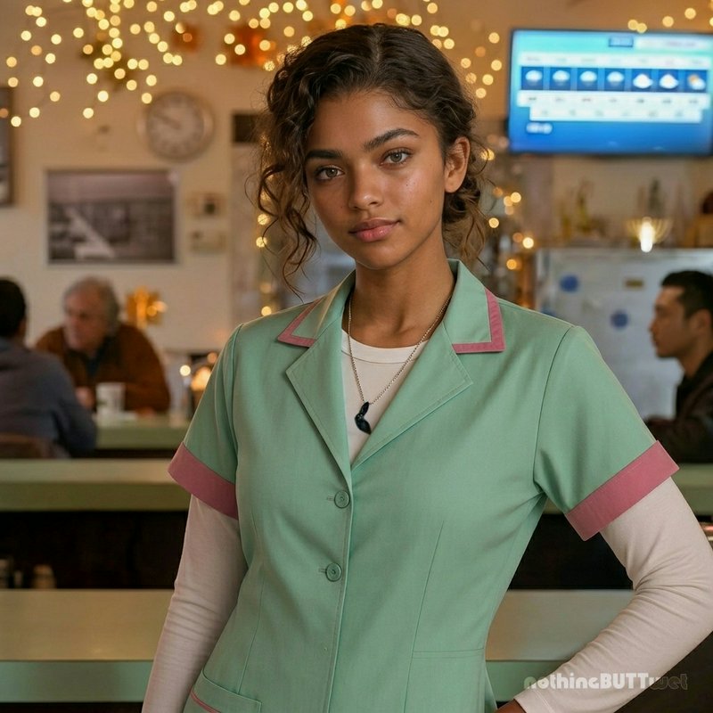 Young female diner server in a mint green pink-trimmed uniform stands in a warm, fairy-lit retro ...