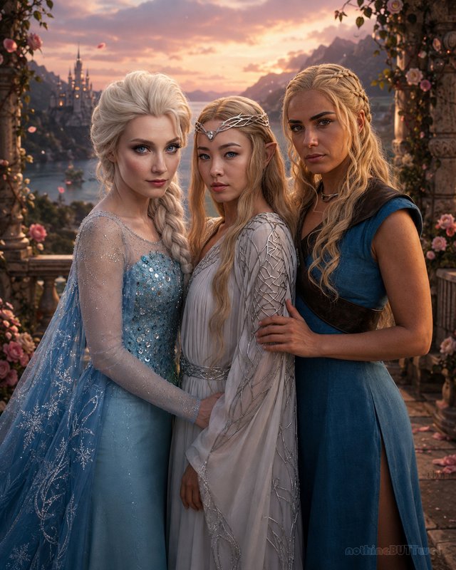 Elsa, Galadriel, and Daenerys stand together on a flower-fringed stone balcony overlooking a fant...