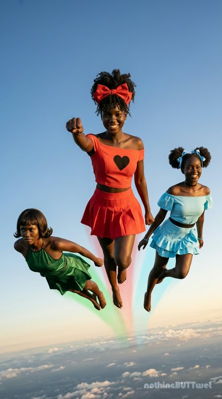 Realistic reimagined Powerpuff Girls trio flying high above clouds with matching colored energy t...
