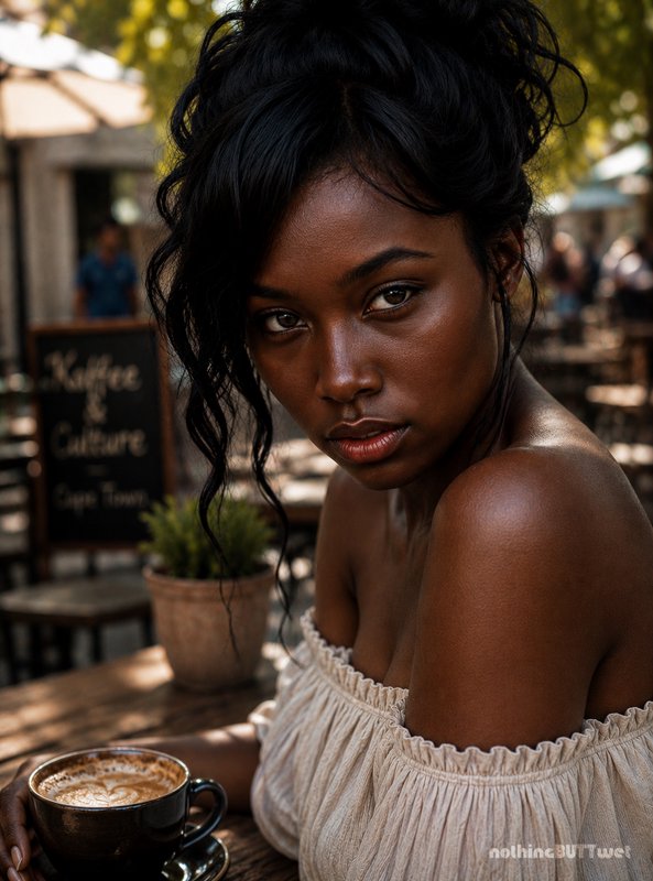 Close-up portrait of a young Black woman holding a latte while seated at a sunlit outdoor sidewal...