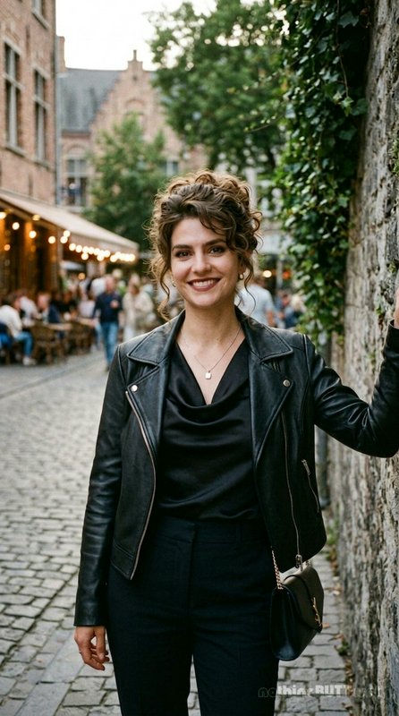 Smiling woman in a black leather jacket poses on a cobblestone historic European street beside an...