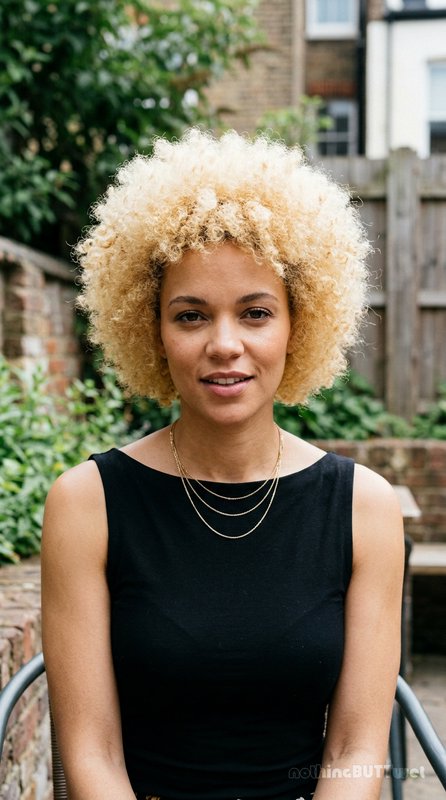 Portrait of a woman with voluminous platinum blonde curly afro, seated outdoors, smiling softly a...